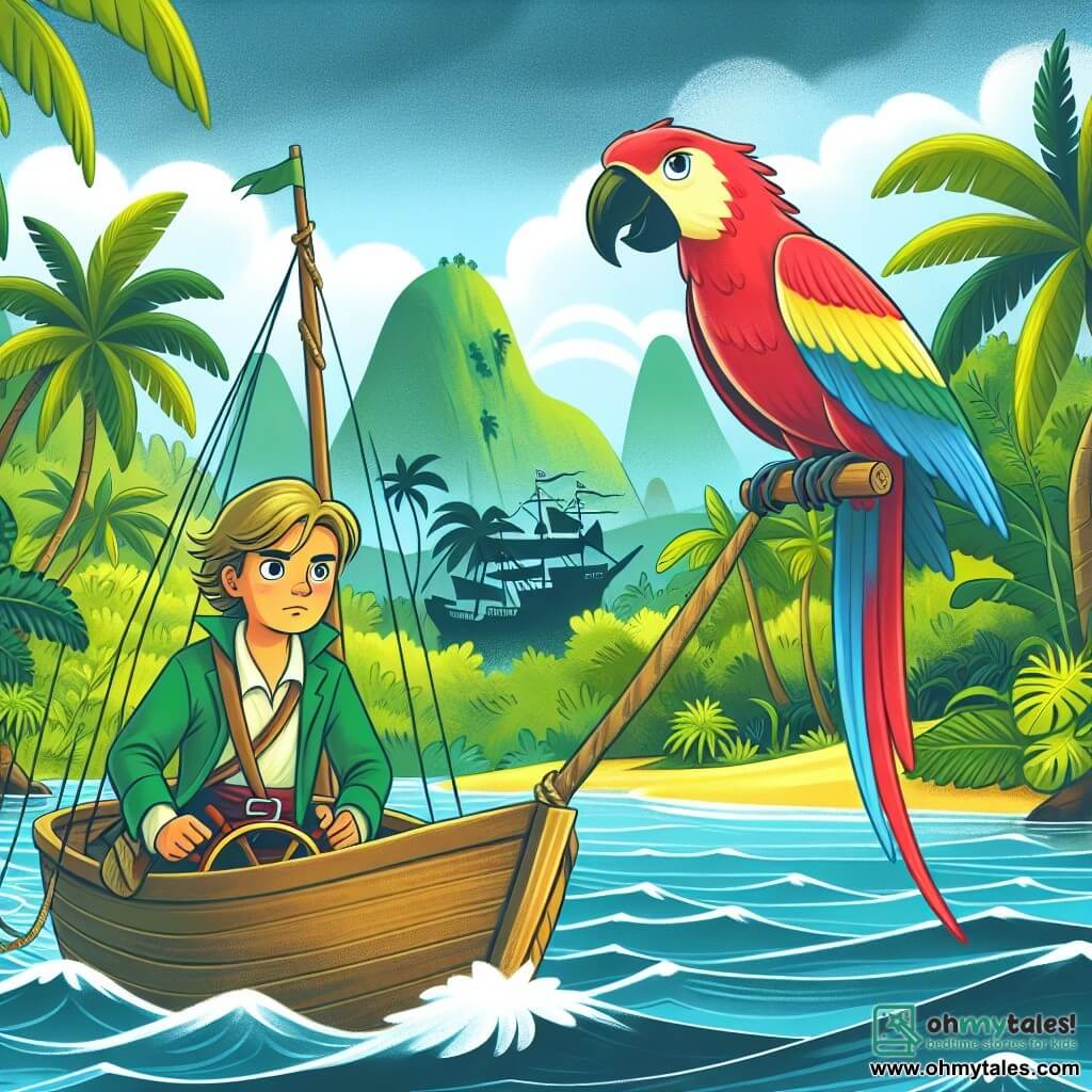 Une illustration destinée aux enfants représentant un jeune explorateur courageux, accompagné de son fidèle perroquet bavard, naviguant sur une mer calme vers une île mystérieuse recouverte d'une jungle luxuriante et envoûtante.