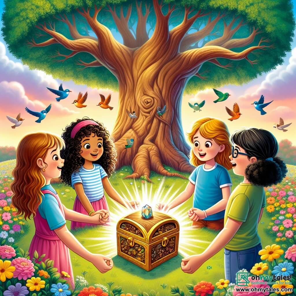An illustration depicts a majestic oak tree in the center of a sunny park, surrounded by colorful flowers and small singing birds in the branches. At the foot of the tree, four ten-year-old girls stand in a circle, each with a bright smile. One girl, with long brown hair and a pink dress, holds a small open chest revealing a sparkling stone. Another girl, with curly blonde hair, wears a blue t-shirt and gazes at the stone in wonder. The third girl, with black hair and a red cap, appears concerned with her arms crossed, while the last girl, with brown hair and glasses, listens attentively. The main scene captures their discussion about the stone, symbolizing lies and honesty, with expressions of curiosity and worry on their faces. In the background, the sky is a brilliant blue, adding a touch of joy to this scene of friendship and reflection.