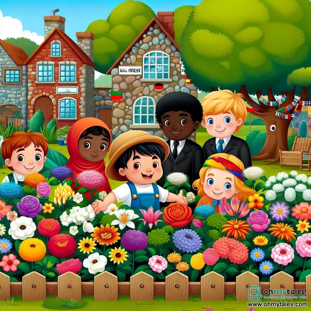 Une illustration destinée aux enfants représentant un garçon espiègle, accompagné de ses amis, créant un magnifique jardin rempli de fleurs colorées pour sa maman, dans le charmant village de Willow Creek, avec des maisons en pierre et des arbres verdoyants.