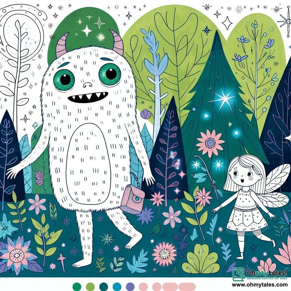 Une illustration destinée aux enfants représentant un monstre amical aux yeux vert émeraude, accompagné d'une fée perdue dans une forêt magique aux arbres scintillants et fleurs colorées.