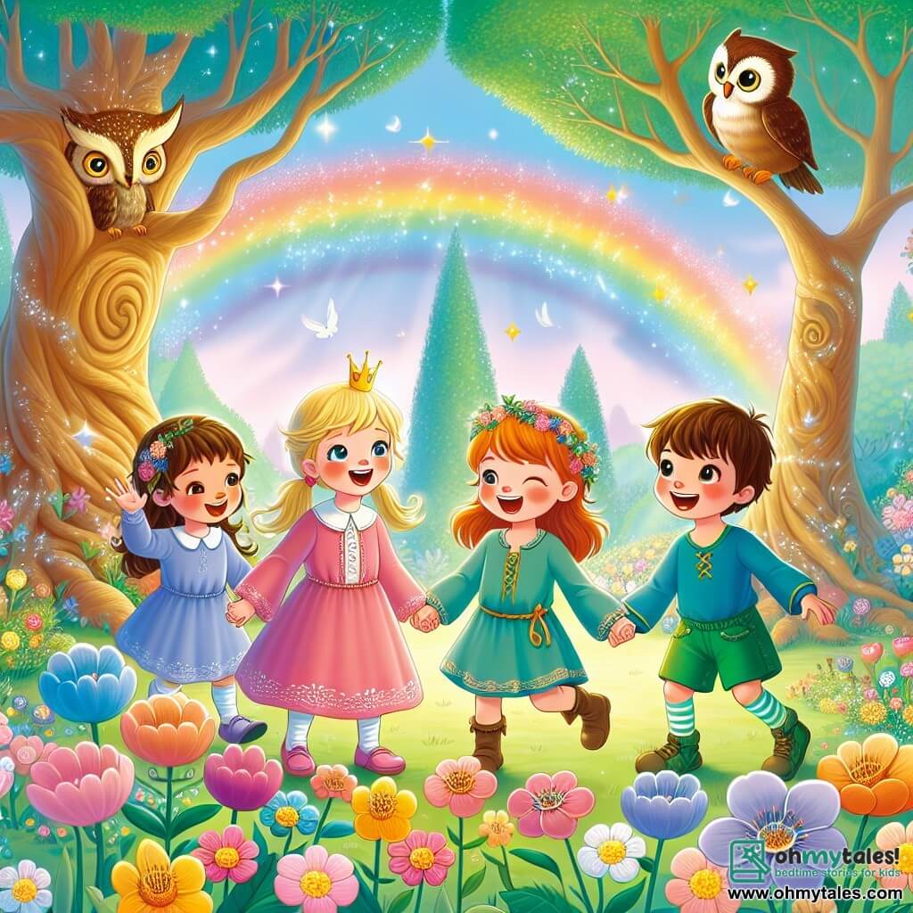 Illustration destinée aux enfants représentant un jardin enchanté, rempli de fleurs colorées dansantes sous un ciel bleu pastel, où des arbres majestueux aux feuilles scintillantes murmurent des secrets. Au centre, un groupe de quatre enfants de cinq ans, deux filles aux cheveux dorés et châtains, l'une portant une robe rose et l'autre une tunique bleue, ainsi qu'un garçon aux cheveux bruns en short vert, et une petite fille en fauteuil roulant avec un sourire radieux, se tiennent la main, leurs visages illuminés par l'émerveillement. En arrière-plan, un hibou sage aux plumes étincelantes les observe depuis une branche dorée, tandis qu'un arc-en-ciel commence à apparaître après une légère pluie, symbolisant l'espoir et la magie de l'amitié. Les enfants rient et partagent des histoires, créant une atmosphère joyeuse et chaleureuse, pleine de couleurs vives et de lumière.