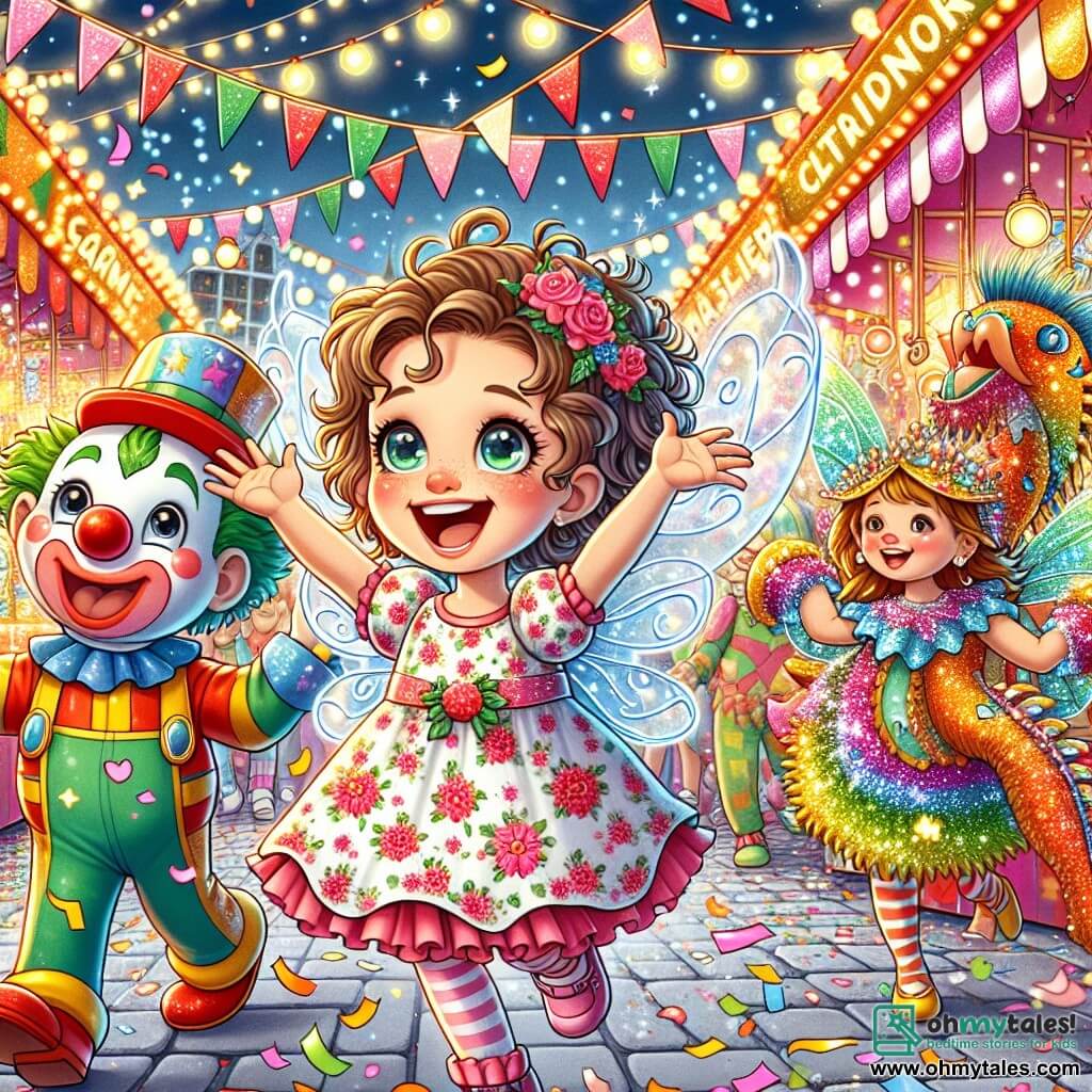 Une illustration sous forme de dessin destinée aux enfants représentant un carnaval coloré et animé, avec des lumières scintillantes et des stands de jeux, où une petite fille de 6 ans aux cheveux bouclés et aux yeux pétillants, vêtue d'une robe à fleurs, danse joyeusement au milieu des confettis, entourée d'un clown souriant avec un nez rouge et d'une fée aux ailes scintillantes qui l'encouragent, tandis qu'un dragon en papier mâché décoré de paillettes défile en arrière-plan, créant une atmosphère festive et magique.