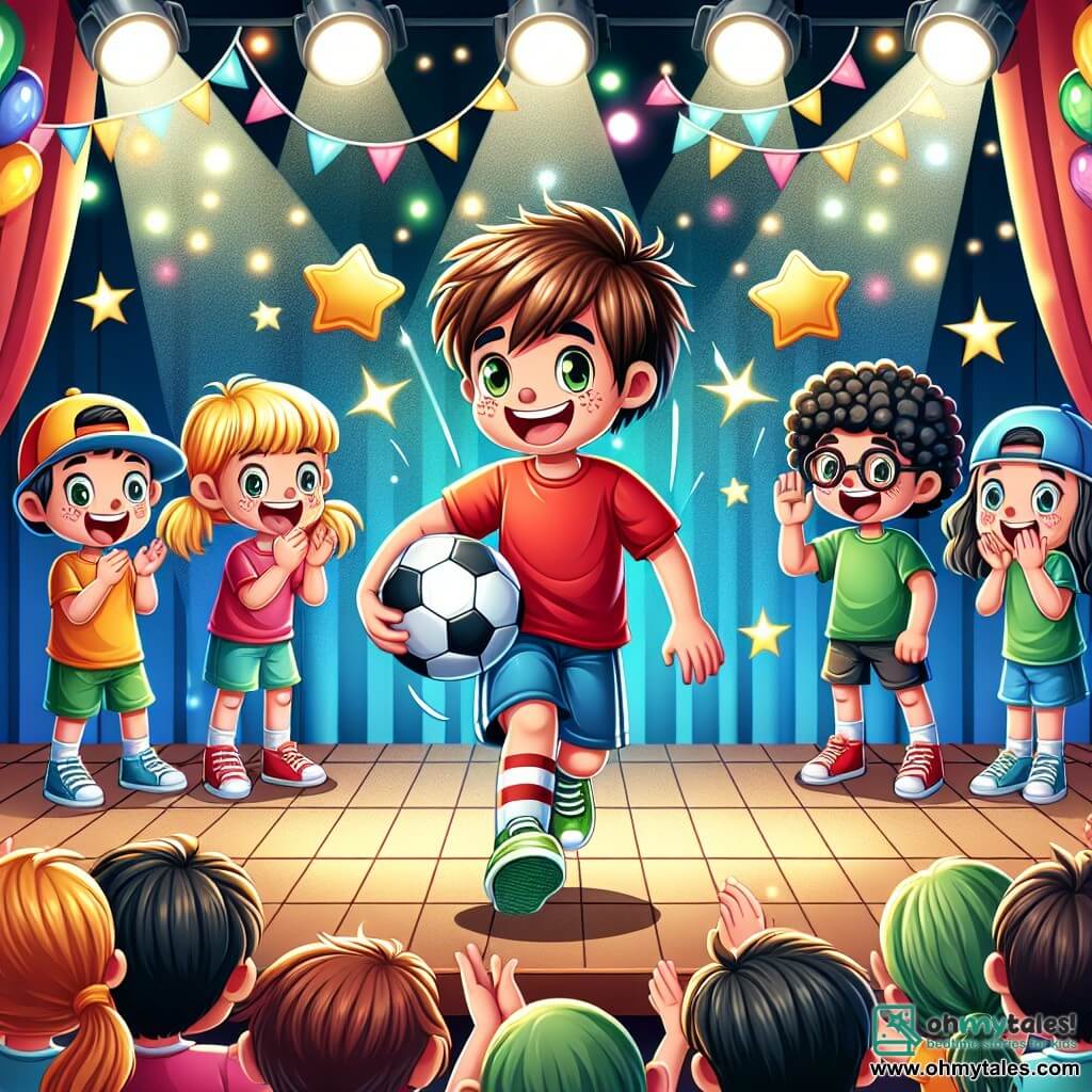 An illustration depicting a vibrant scene on a talent show stage in a classroom decorated with colorful balloons and sparkling garlands. In the center, a 10-year-old boy with messy brown hair and a red t-shirt is dribbling a soccer ball with a big smile on his face, showcasing his determination and joy. In the foreground, three friends are cheering him on: a 10-year-old boy with blonde hair wearing a blue cap, enthusiastically clapping; another boy with curly black hair in a green t-shirt making a victory gesture; and a 10-year-old girl with long brown hair holding a sign that says "Bravo!" in colorful letters. In the background, children in the audience watch with wide eyes and smiles, creating an atmosphere of support and excitement. The stage lights shine brightly, adding a magical touch to this moment of confidence and friendship.