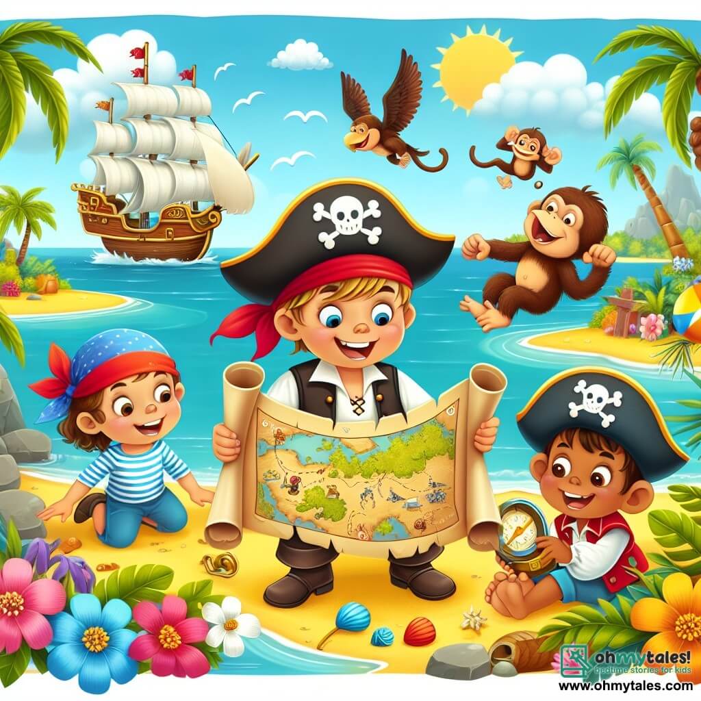 Une illustration destinée aux enfants représentant un jeune garçon pirate découvrant une carte au trésor mystérieuse, accompagné de son équipage joyeux, sur une île ensoleillée avec des palmiers, des fleurs colorées et des singes farceurs à Breezy Bay.
