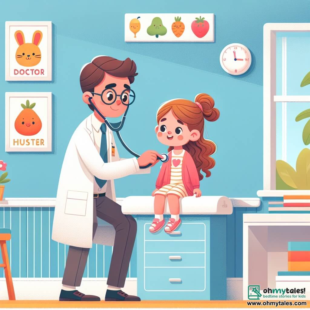 Une illustration sous forme de dessin destinée aux enfants représentant un cabinet médical coloré et accueillant, avec des murs peints en bleu clair et des affiches de fruits et d'animaux, où un homme médecin souriant, portant une blouse blanche et des lunettes, écoute le cœur d'une petite fille aux cheveux bruns et bouclés, assise sur une table d'examen, tandis qu'une infirmière joyeuse aux cheveux blonds et attachés en chignon tient un thermomètre, le tout dans une ambiance chaleureuse et rassurante, illustrant le moment où le médecin aide l'enfant à se sentir mieux.