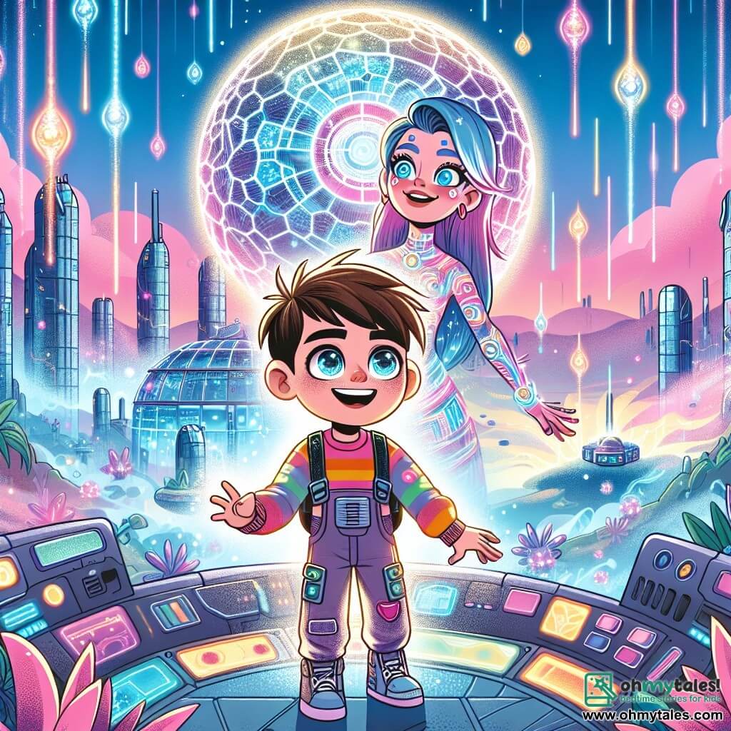 Une illustration sous forme de dessin destinée aux enfants représentant une ville futuriste suspendue dans les airs, avec des bâtiments en verre et métal scintillants sous un ciel rose et violet, où un garçon de 11 ans aux cheveux bruns et aux yeux pétillants, vêtu d'une combinaison colorée, se tient émerveillé devant un immense Nexus énergétique pulsant de lumière, tandis qu'une fille aux cheveux bleus et aux tatouages lumineux, souriante et pleine d'énergie, l'encourage à activer les commandes pour stabiliser l'énergie de la ville, entourés de plantes exotiques et de hologrammes flottants qui ajoutent une touche de magie à la scène.