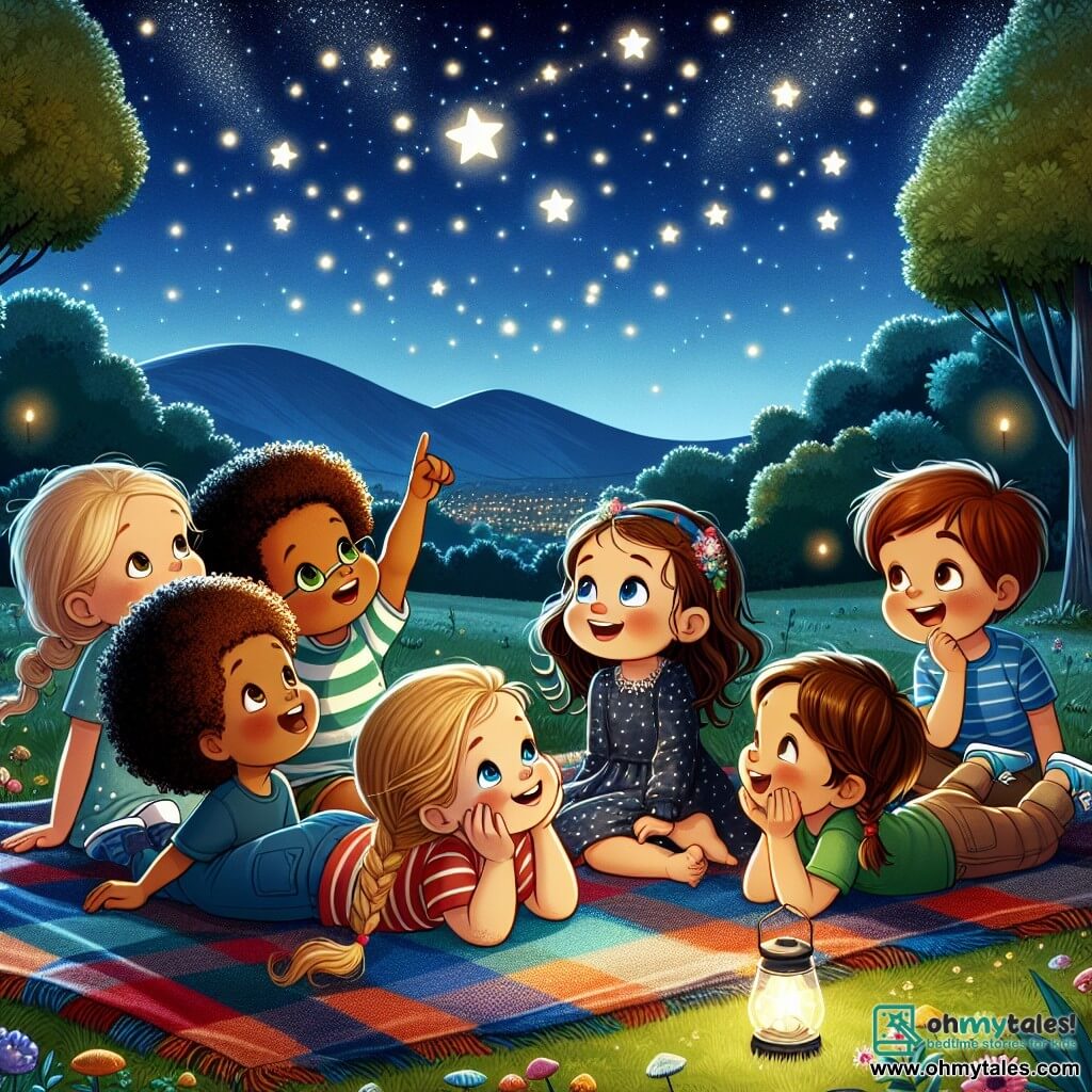 An illustration depicting a group of children sitting on a large, colorful blanket spread out on the grass in a park under a starry sky. The scene is bathed in the soft light of twinkling stars, creating a magical and soothing atmosphere. There is a three-year-old boy with curly brown hair, a big smile, and sparkling eyes lying on his back, gazing at the stars in wonder. Next to him, another three-year-old boy in a blue shirt with straight hair points at a bright star, his face lit up with curiosity. A slightly older boy with blonde hair and a determined expression sits cross-legged, listening attentively to the sounds of the night. Finally, a three-year-old girl with braids and a colorful dress smiles joyfully, eyes closed, as she listens to the soothing sounds of nature. The main scene shows the children sharing a moment of discovery and joy, transforming their fear of the dark into a magical adventure under the stars. Fireflies dance around them, adding a touch of light and enchantment to the scene, while majestic trees stand in the background, creating a warm and welcoming setting.