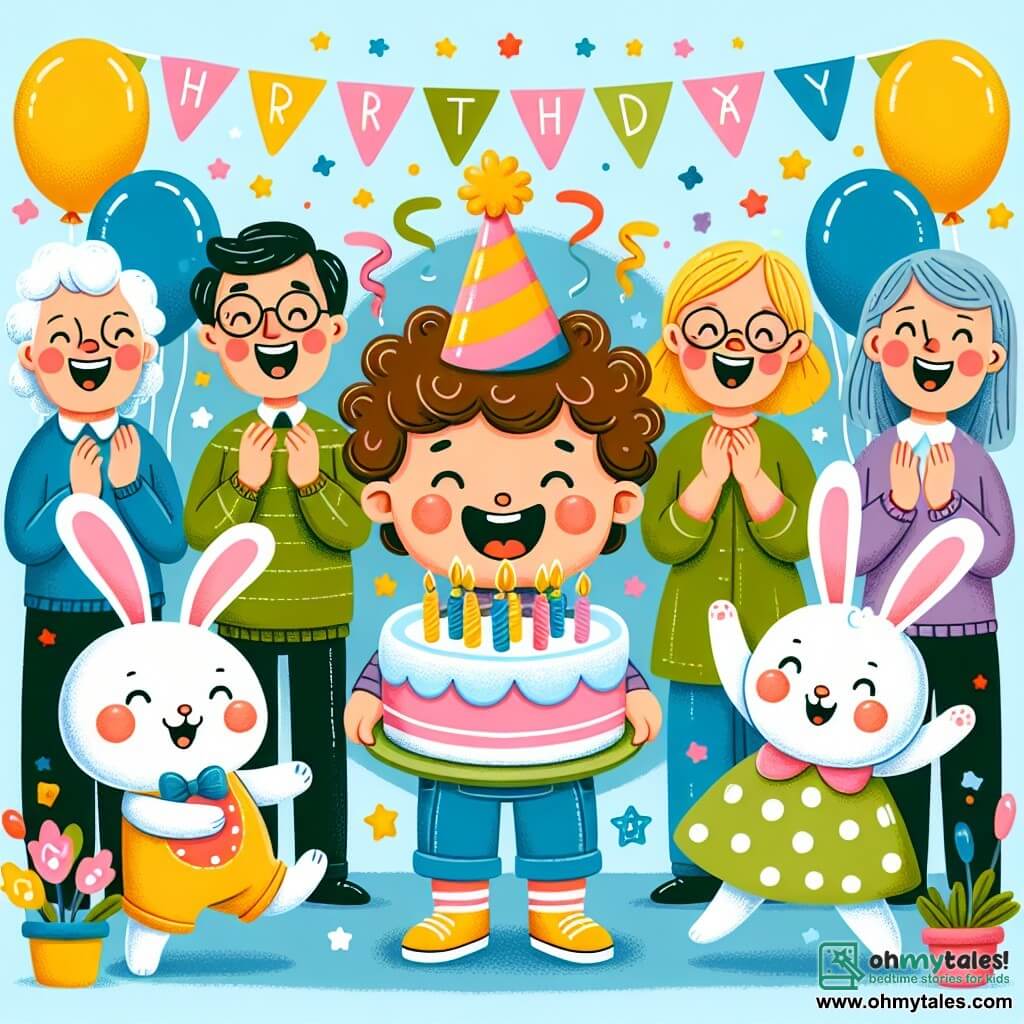 Une illustration sous forme de dessin destinée aux enfants représentant une joyeuse fête d'anniversaire dans un jardin coloré, avec un garçon de 2 ans aux cheveux bouclés et aux joues roses, souriant largement tout en tenant un gros gâteau d'anniversaire décoré de bougies, entouré d'un drôle de petit lapin en costume de fête avec un chapeau pointu, qui danse joyeusement à côté de lui, tandis que des ballons multicolores flottent dans le ciel et que des amis voisins, un homme et une femme, applaudissent avec des sourires éclatants, créant une atmosphère festive et magique.