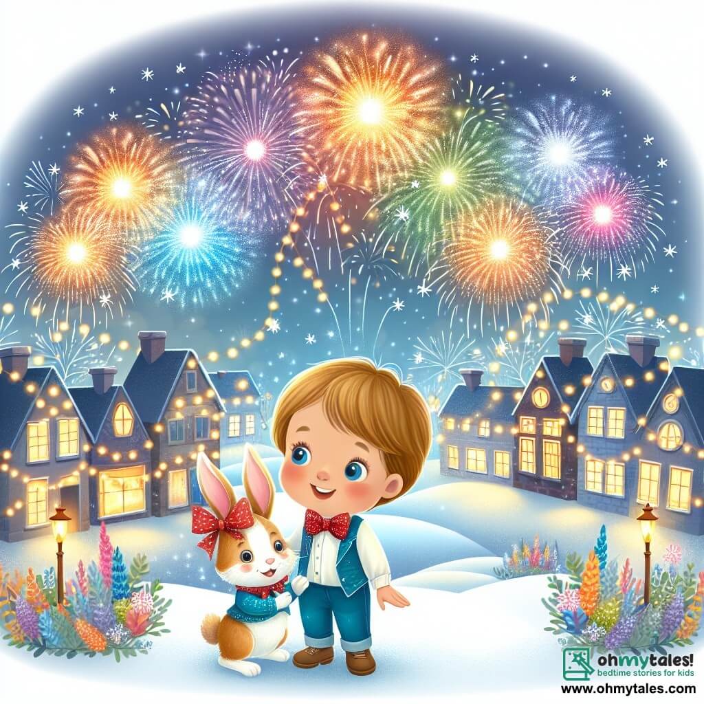 Une illustration destinée aux enfants représentant un petit garçon plein d'excitation, entouré de feux d'artifice colorés, accompagné d'un lapin portant un nœud papillon, dans une charmante petite ville illuminée par des lumières scintillantes, lors de la fête du nouvel an.