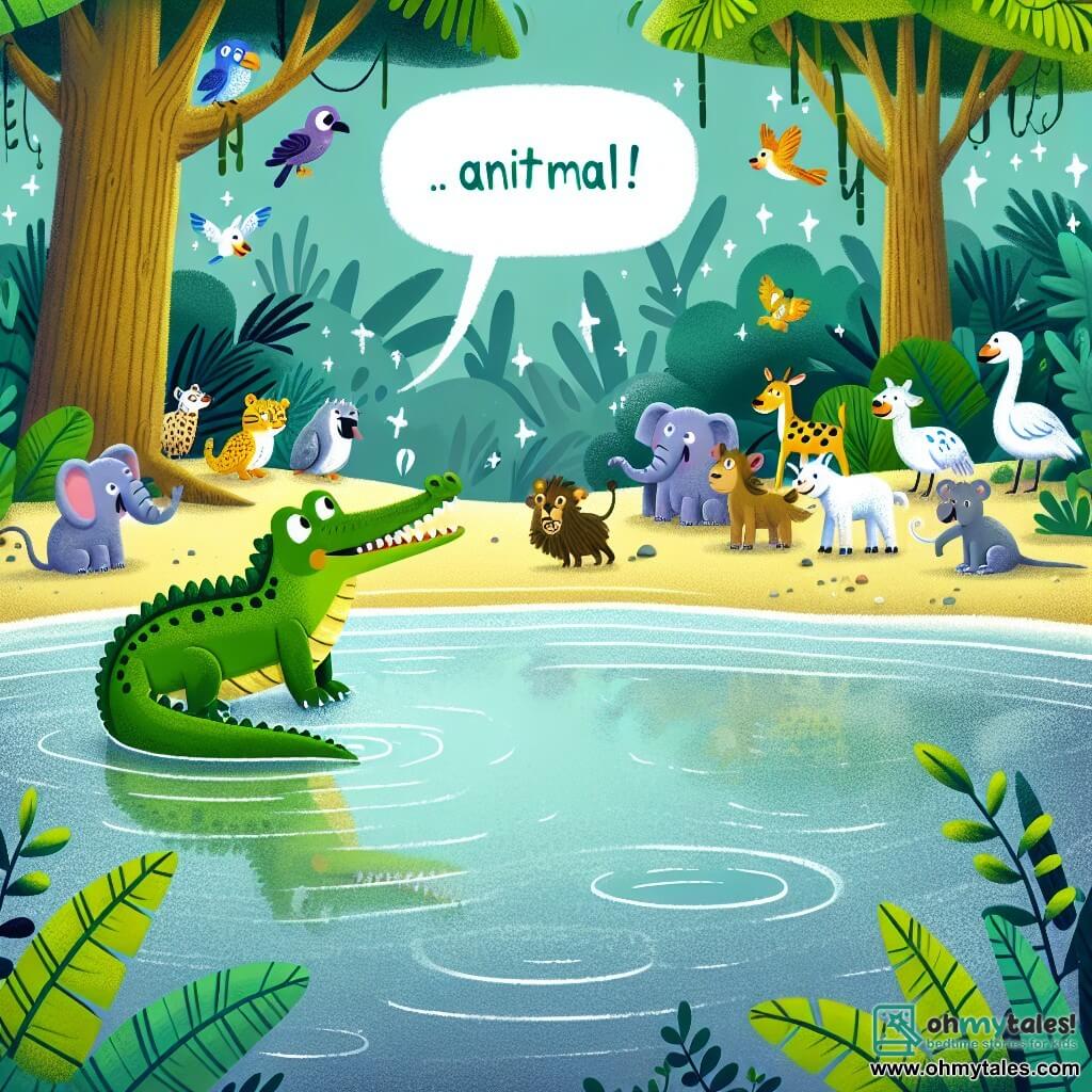 Une illustration destinée aux enfants représentant un crocodile curieux, se tenant sur la rive d'une rivière scintillante au cœur d'une jungle luxuriante, avec des animaux de toutes sortes rassemblés autour d'un arbre, chuchotant avec excitation.