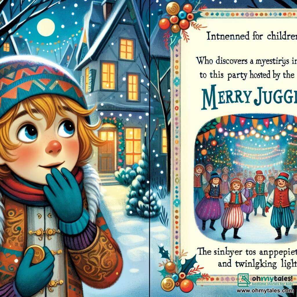 Une illustration destinée aux enfants représentant une jeune fille pleine de curiosité, vivant dans une petite ville joyeuse, découvrant une mystérieuse invitation pour une fête du Nouvel An organisée par les Joyeux Jongleurs, dans un paisible et enchanteur village hivernal illuminé par des décorations colorées et des lumières scintillantes.