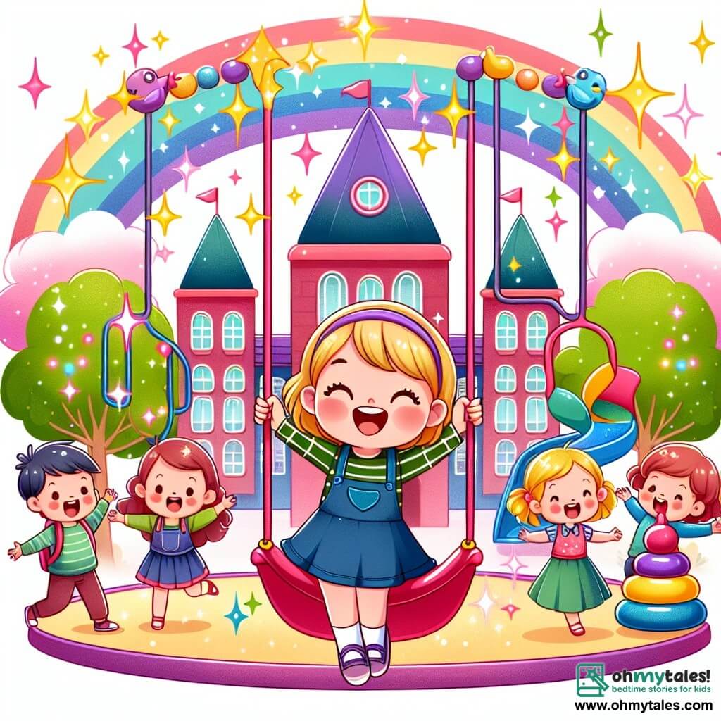 Une illustration destinée aux enfants représentant une petite fille enthousiaste, accompagnée de ses amis, explorant un terrain de jeu enchanteur rempli de balançoires colorées, de toboggans étincelants et de rires joyeux, dans une école pleine de vie et de bonheur.