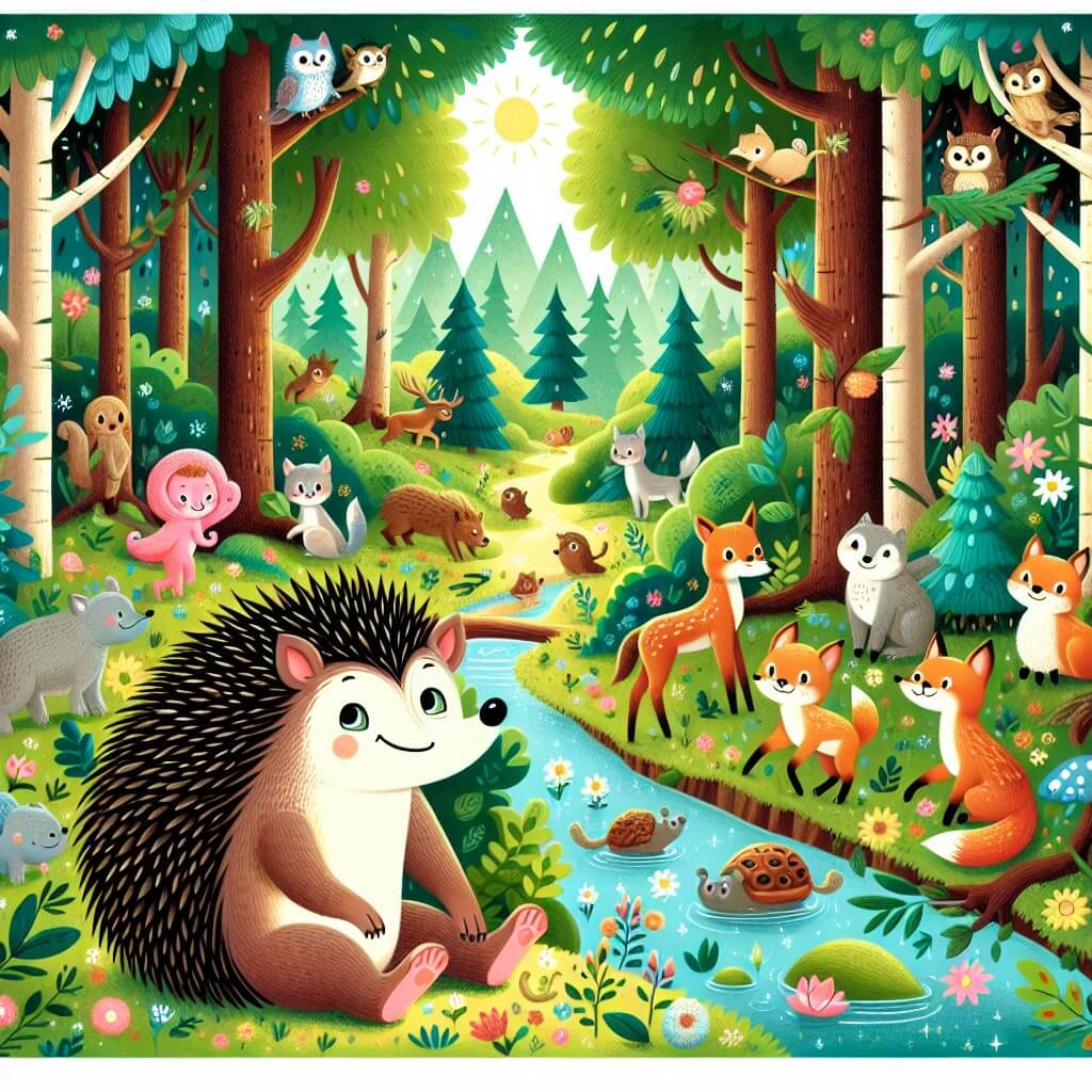Une illustration destinée aux enfants représentant un adorable hérisson en pleine forêt enchantée, accompagné d'animaux joyeux, dans un décor luxuriant avec des arbres majestueux, des fleurs colorées et un ruisseau étincelant.