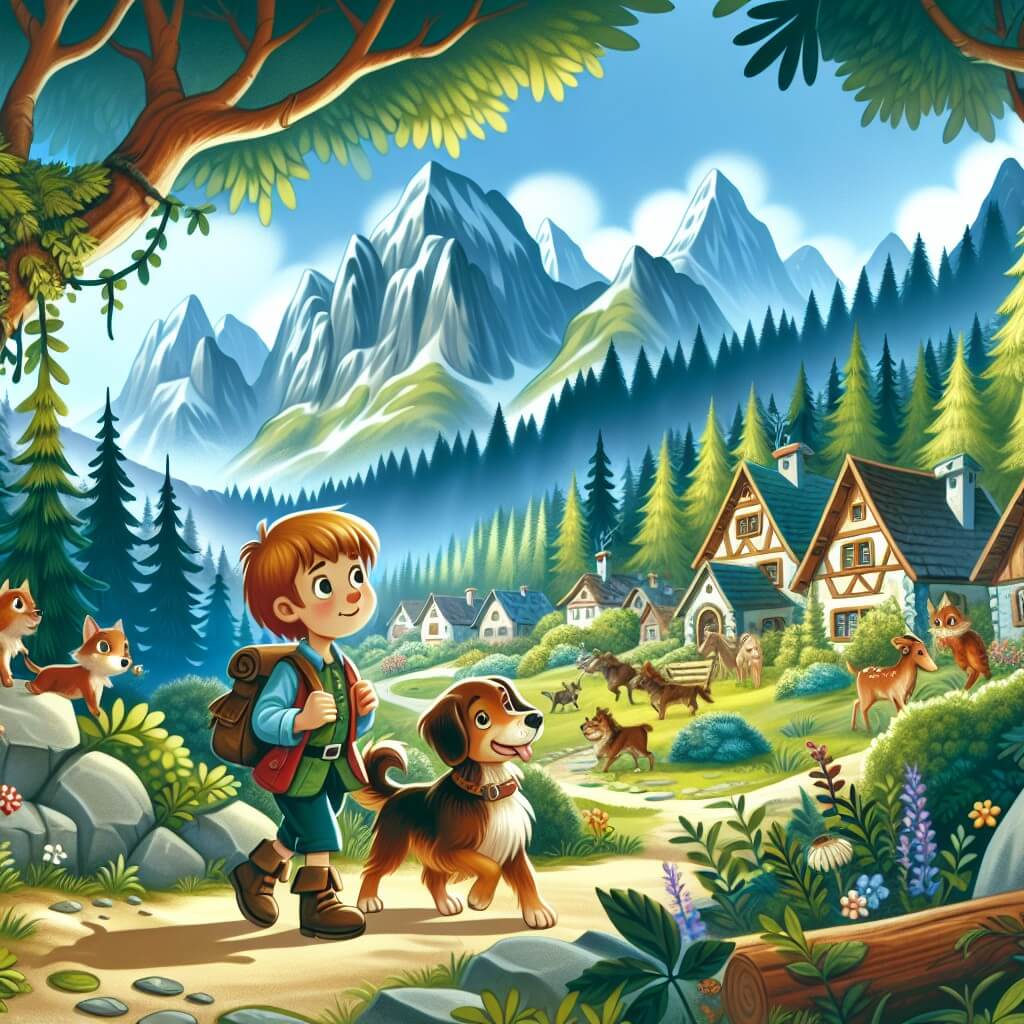 Une illustration destinée aux enfants représentant un jeune garçon curieux et aventureux, accompagné de son fidèle chien, explorant une forêt enchantée remplie de créatures magiques, dans un village pittoresque niché au pied d'une chaîne de montagnes majestueuses.