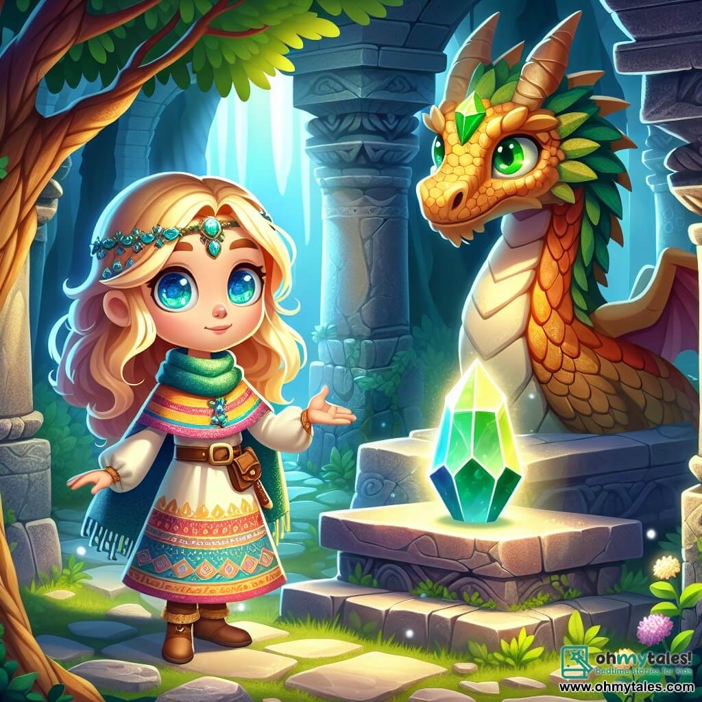 Une illustration sous forme de dessin destinée aux enfants représentant une scène magique au cœur des Whispering Ruins, où une jeune exploratrice aux cheveux dorés et aux yeux pétillants, vêtue d'une tunique colorée, se tient devant un ancien piédestal en pierre sur lequel repose un cristal lumineux, tandis qu'un majestueux dragon aux écailles scintillantes et aux yeux verts, son gardien, l'observe avec bienveillance, le tout baigné dans une lumière douce filtrant à travers les feuillages des arbres environnants, évoquant un sentiment d'aventure et de découverte.