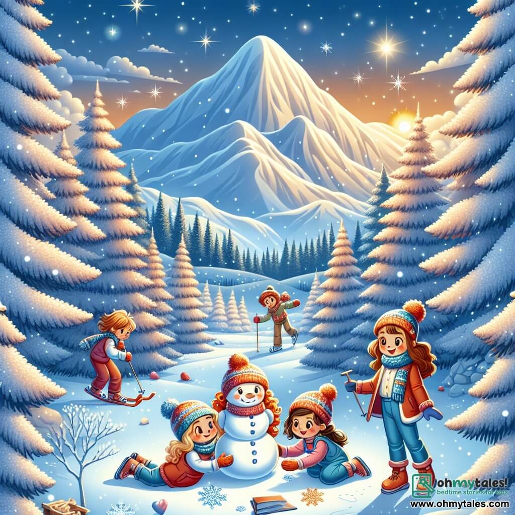 An illustration depicting an enchanted winter clearing surrounded by tall, snow-covered fir trees. The ground is blanketed with pristine snow, and snowflakes gently fall from the light blue sky. In the center of the scene, three young girls, around 8 years old, are playing. The first girl, with curly red hair, wears a bright red coat and matching hat, happily building a snowman. The second girl, with glasses and brown hair, is dressed in a blue ski suit and holds an open book, telling a story about magical creatures. The third girl, with long brown hair, wears a colorful scarf and is lying in the snow, making a snow angel with her arms and legs. In the background, majestic mountains rise, and a golden sun begins to set, casting a soft light on the scene. Stars start to twinkle in the sky, adding a touch of magic to the winter atmosphere.