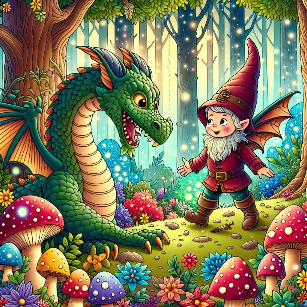 Une illustration destinée aux enfants représentant un lutin malicieux qui fait la rencontre d'un dragon joueur dans une forêt enchantée remplie de champignons lumineux, d'arbres aux feuilles scintillantes et de fleurs aux couleurs éclatantes.