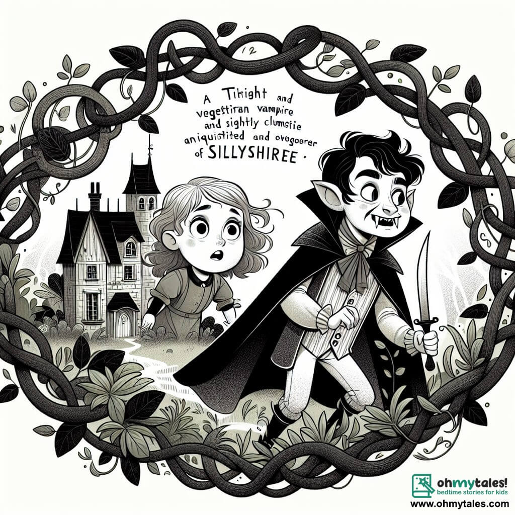 Une illustration destinée aux enfants représentant un vampire végétarien timide et un brin maladroit, une jeune exploratrice curieuse et aventureuse, découvrant une mystérieuse maison cachée derrière des vignes tordues et des buissons envahissants, dans la paisible et enchantée contrée de Sillyshire.