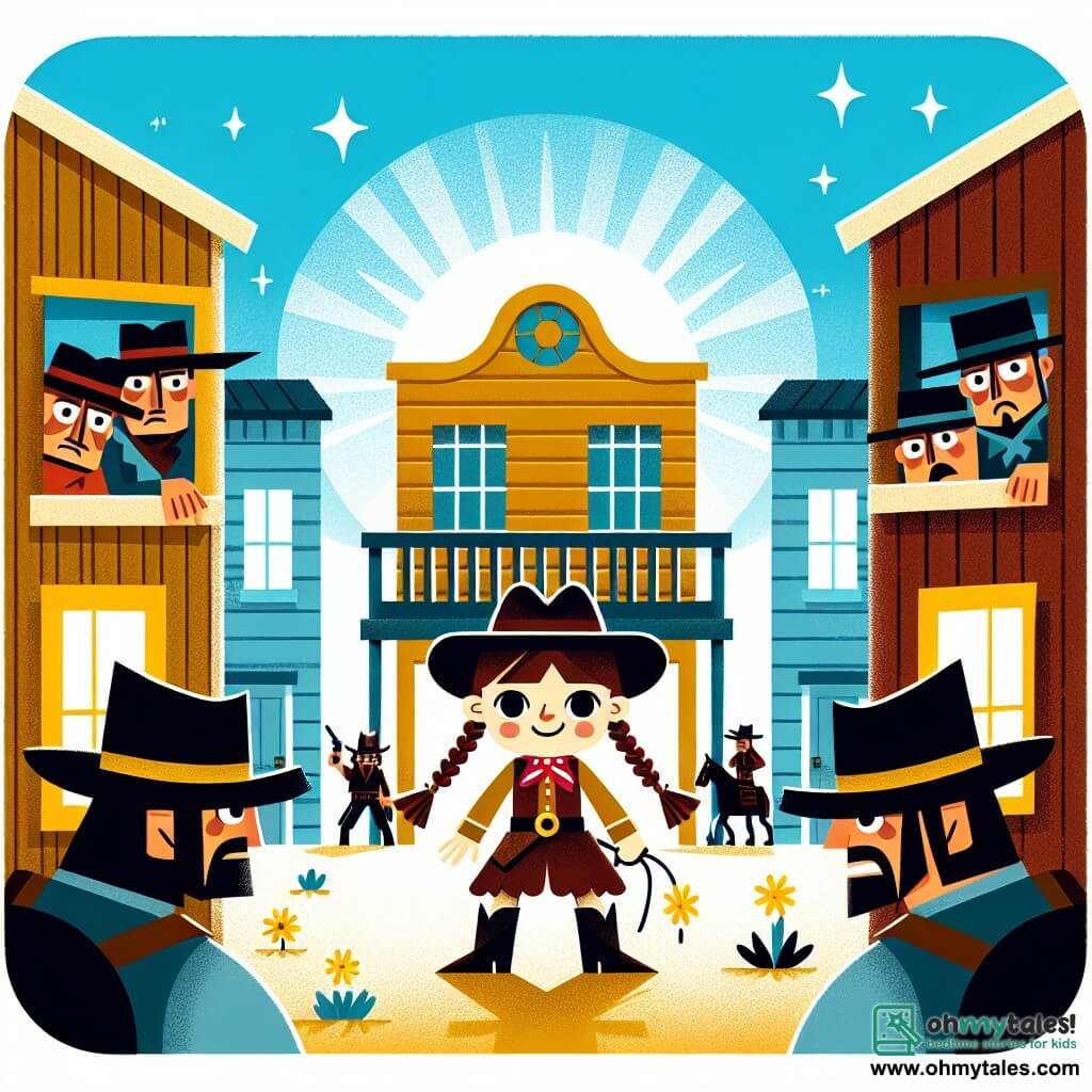 Une illustration sous forme de dessin destinée aux enfants représentant une petite ville du Far West avec des bâtiments en bois et un ciel bleu éclatant, au centre de la scène, une jeune cowgirl courageuse avec des cheveux bruns tressés, portant un chapeau de cowboy et des bottes, brandissant un fouet et faisant face à un groupe de bandits effrayés, qui sont des hommes au look rugged avec des chapeaux noirs et des bandanas, tandis que des villageois cachés derrière des portes et des fenêtres observent la scène avec des expressions de surprise et d'admiration, illustrant le moment où la cowgirl défie les bandits pour protéger sa ville.