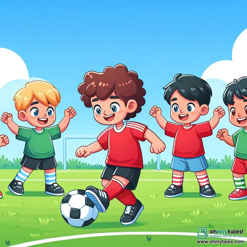 Une illustration sous forme de dessin destinée aux enfants représentant un terrain de football verdoyant sous un ciel bleu clair, où un jeune garçon aux cheveux bruns et bouclés, portant un maillot rouge et un short noir, s'apprête à frapper un ballon de football avec un grand sourire sur son visage, tandis qu'un groupe de trois enfants, deux garçons aux cheveux blonds et un garçon aux cheveux noirs, tous vêtus de t-shirts colorés, l'encouragent en souriant et en levant les bras, capturant ainsi l'esprit de camaraderie et de joie du jeu.