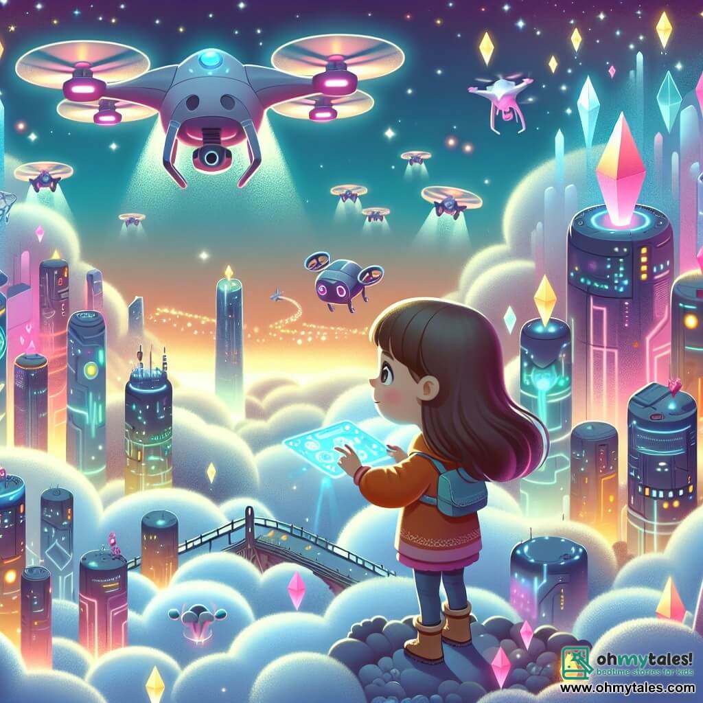 Une illustration destinée aux enfants représentant une jeune fille curieuse explorant une ville futuriste flottante, accompagnée de drones lumineux, dans la cité de Lumina City aux bâtiments scintillants comme des cristaux multicolores suspendus dans les nuages.