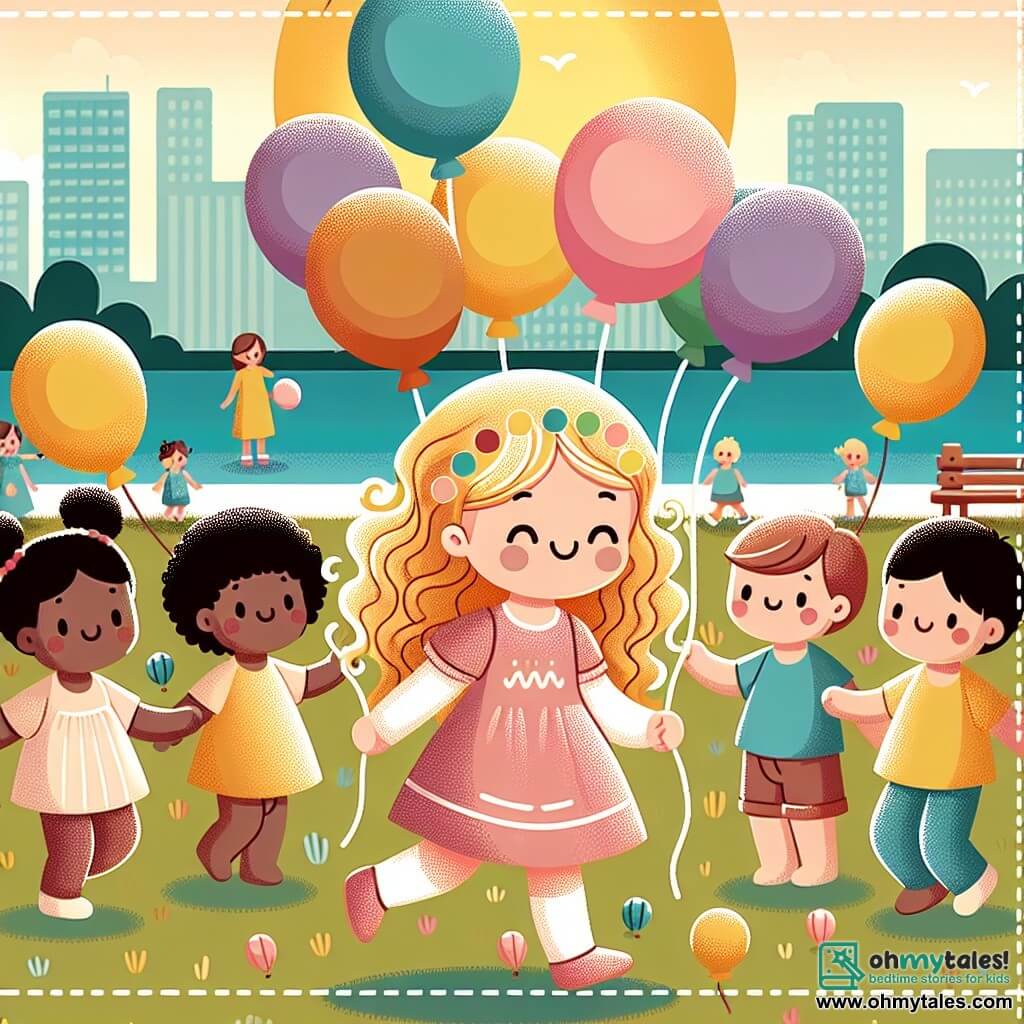 Une illustration destinée aux enfants représentant une petite fille aux cheveux bouclés dorés, entourée de ballons colorés, jouant avec des amis dans un parc ensoleillé de la ville de Willowbrook.