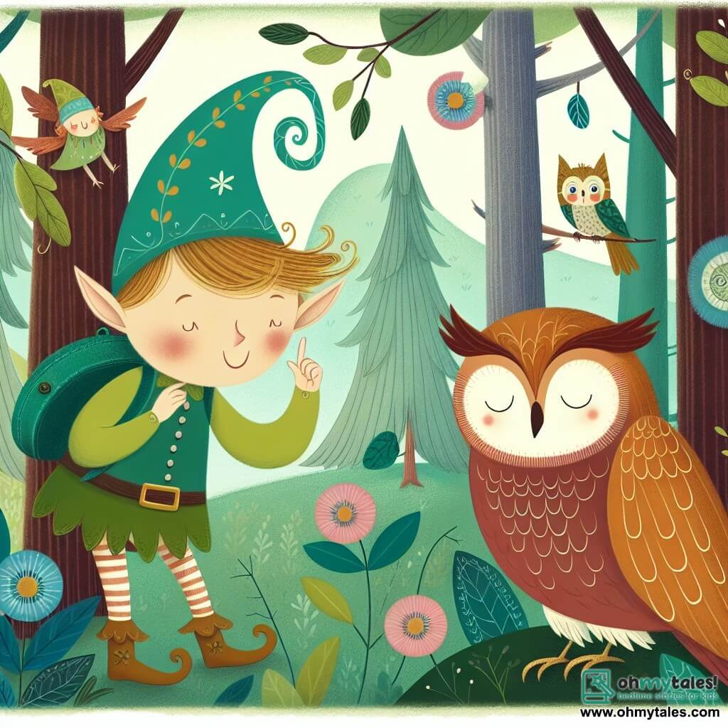 Une illustration destinée aux enfants représentant un lutin malicieux, un hibou sage, dans une forêt enchantée où les arbres murmurent des secrets et les fleurs chantent des mélodies.