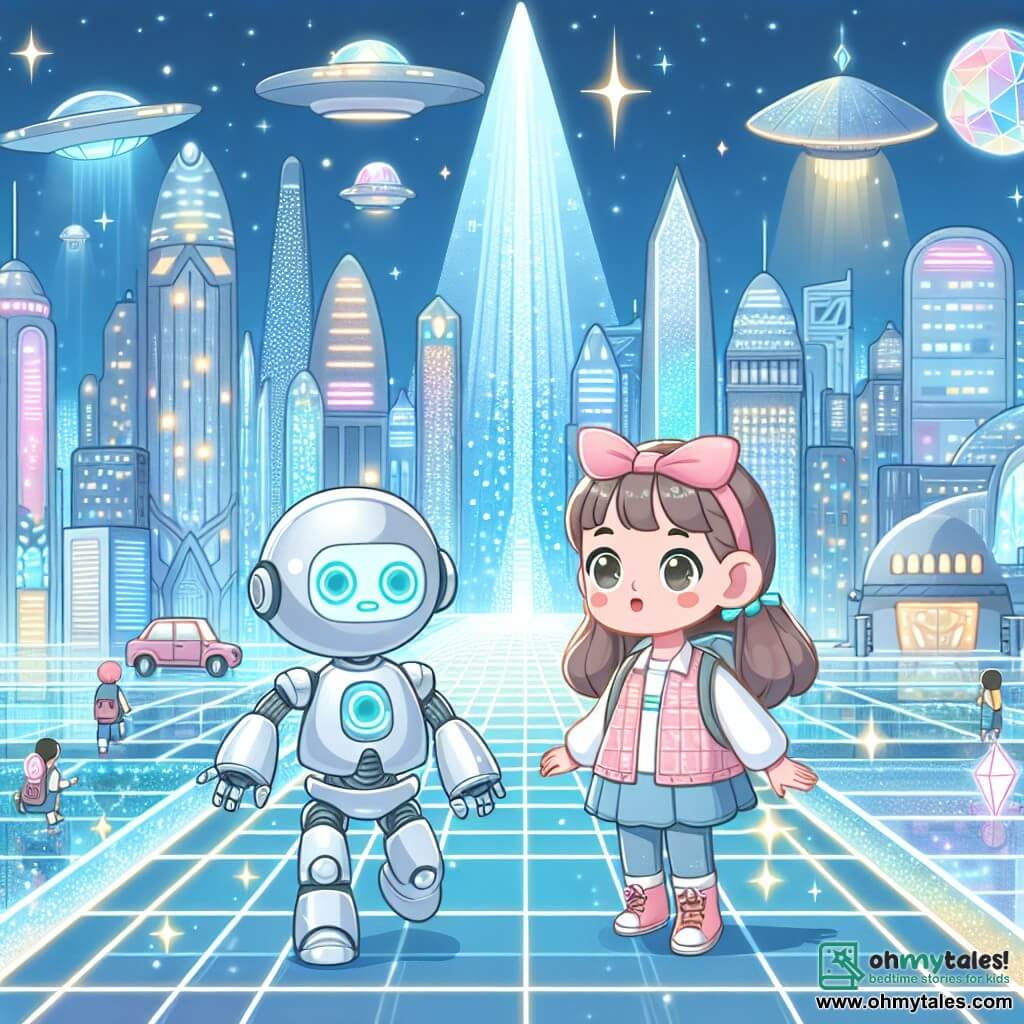 Une illustration destinée aux enfants représentant une fillette curieuse explorant une ville futuriste étincelante, accompagnée d'un robot bienveillant, dans la cité de Crystalia aux rues pavées de panneaux de verre lumineux et aux voitures volantes.