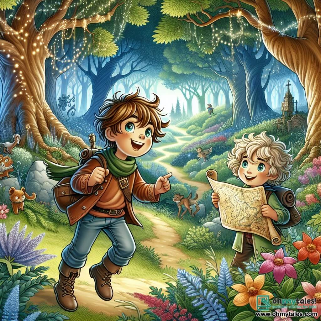 Une illustration sous forme de dessin destinée aux enfants représentant une forêt enchantée, avec des arbres majestueux aux feuilles scintillantes, où un garçon de 11 ans aux cheveux bruns en bataille et aux yeux pétillants d'excitation, tenant une carte ancienne dans sa main, se tient aux côtés de sa meilleure amie, une fille aux cheveux longs et bouclés, souriante et pleine de détermination, alors qu'ils s'apprêtent à explorer un chemin mystérieux menant à une clairière magique, entourés de fleurs colorées et d'animaux curieux, illustrant leur esprit d'aventure et leur amitié indéfectible.