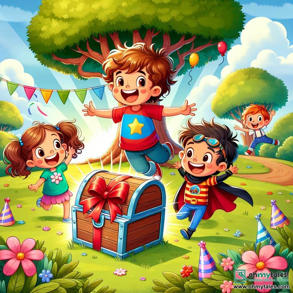 Une illustration sous forme de dessin destinée aux enfants représentant un parc ensoleillé rempli de couleurs vives, avec un garçon de 5 ans aux cheveux bouclés et un t-shirt rouge à étoile bleue, riant joyeusement en tenant une carte au trésor, entouré de ses amis : une fille aux couettes et une robe à fleurs, sautant d'excitation, et un garçon en cape de super-héros, mimant un pirate, alors qu'ils découvrent un grand coffre en bois décoré d'un nœud rouge à la base d'un chêne majestueux, rempli de chapeaux de fête et d'un gâteau d'anniversaire.