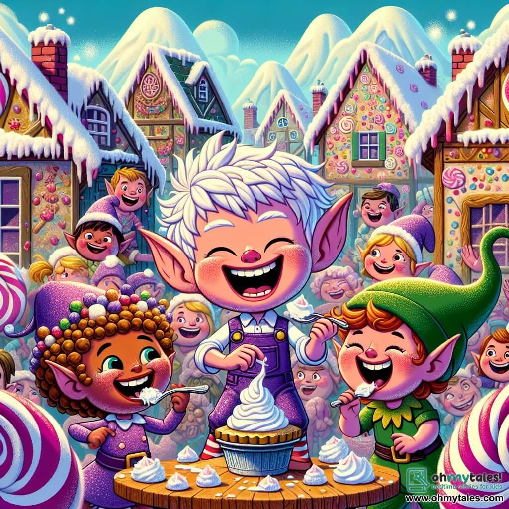 Une illustration sous forme de dessin destinée aux enfants représentant un village coloré de Giggletown, avec des maisons en bonbons et des arbres en guimauve, où un lutin joyeux à la peau scintillante et aux cheveux en bataille, vêtu de salopette violette, se tient au centre, riant aux éclats tout en plongeant son visage dans une tarte à la crème, entouré de ses amis Wobblekins, dont une petite fille à la chevelure cotonneuse et un garçon avec des oreilles grandes et flasques, tous deux couverts de crème et riant aux éclats, alors qu'ils participent à un concours de dégustation de tartes, créant une atmosphère de joie et de camaraderie.