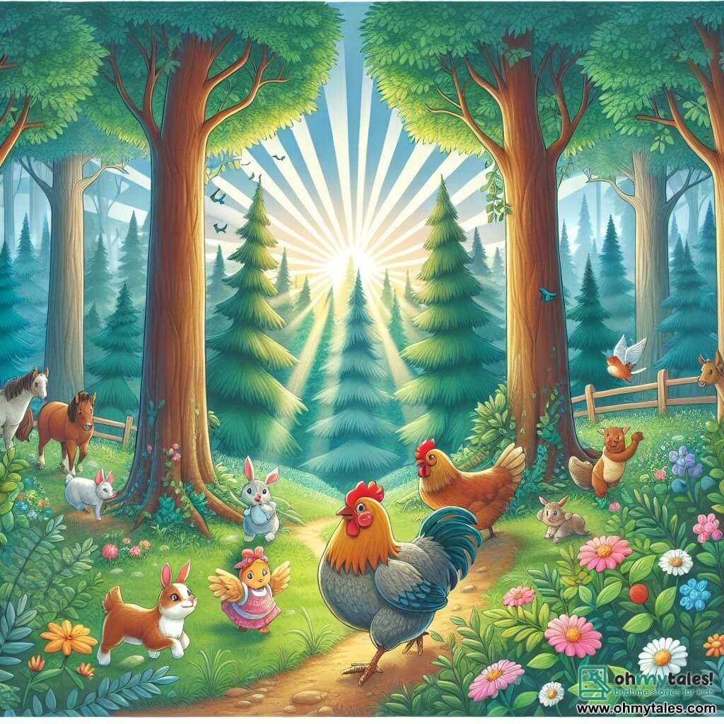 Une illustration destinée aux enfants représentant une poule courageuse et curieuse, qui se retrouve à la recherche d'un trésor perdu dans une forêt enchantée, accompagnée de ses amis les animaux de la ferme, dans un paysage luxuriant avec des arbres majestueux, des fleurs colorées et des rayons de soleil filtrant à travers les feuillages.