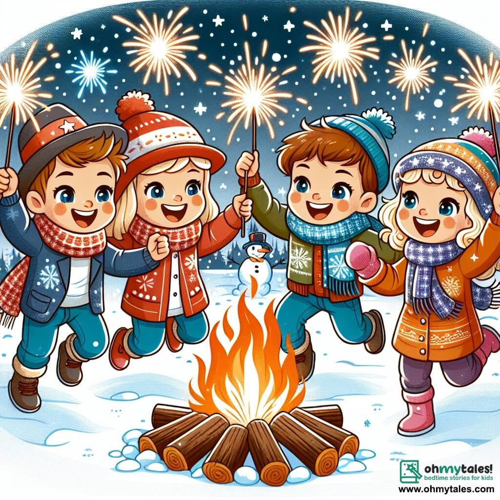 Une illustration sous forme de dessin destinée aux enfants représentant un groupe de quatre enfants de 7 ans, deux garçons aux cheveux bruns et aux joues roses, l'un portant un bonnet rouge et l'autre une écharpe bleue, en train de danser joyeusement autour d'un bonfire scintillant à Snowflake Lodge, tandis qu'une fille aux cheveux blonds et bouclés, vêtue d'une veste colorée, tient des sparklers illuminés, tous célébrant la nouvelle année sous un ciel étoilé rempli de feux d'artifice éclatants, avec des flocons de neige tombant doucement autour d'eux.