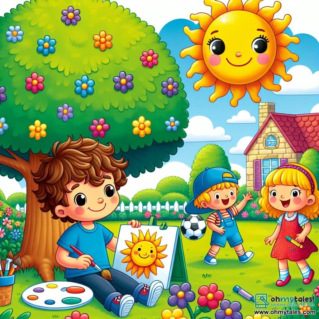 An illustration depicting a sunny afternoon at summer camp, with a large shaded tree in the center, surrounded by colorful flowers and a lush green lawn. In the foreground, a 7-year-old boy with messy brown hair and a blue t-shirt sits on the grass, holding a paint palette and a brush, with a big smile on his face. Next to him, a 6-year-old girl with curly hair in a red dress is painting a large sun on a canvas, her eyes sparkling with joy. An 8-year-old boy, wearing a blue cap and shorts, is playing with a soccer ball, laughing as he watches them. The atmosphere is cheerful and friendly, filled with laughter and bright colors, while a basket of homemade cookies sits nearby, adding a touch of sweetness to this summer scene.