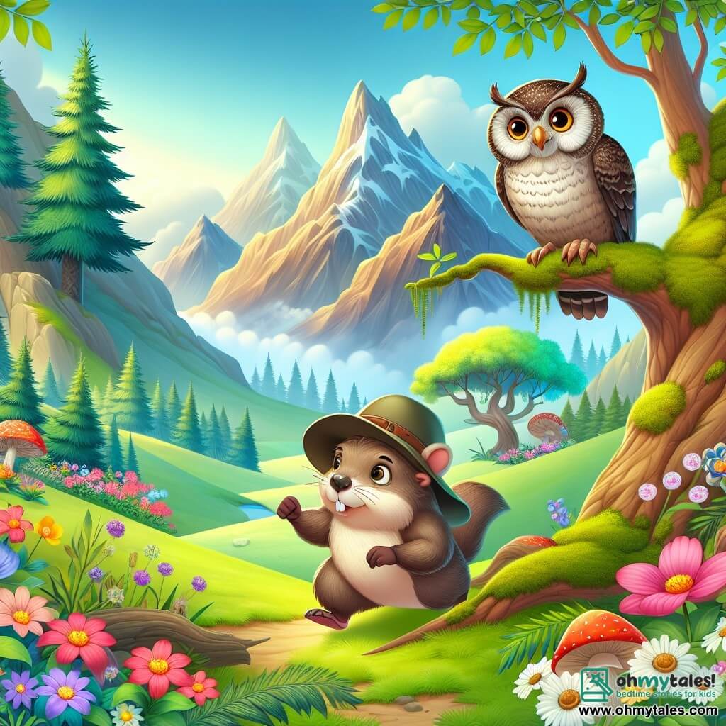 Une illustration destinée aux enfants représentant une marmotte curieuse et aventureuse, se lançant dans une quête pour trouver un mystérieux pré caché derrière des montagnes majestueuses, avec pour compagnon un vieux hibou sage perché sur une branche moussue, et le lieu principal de cette aventure étant un pré enchanteur rempli de fleurs colorées, d'arbres magiques et d'animaux joyeux.
