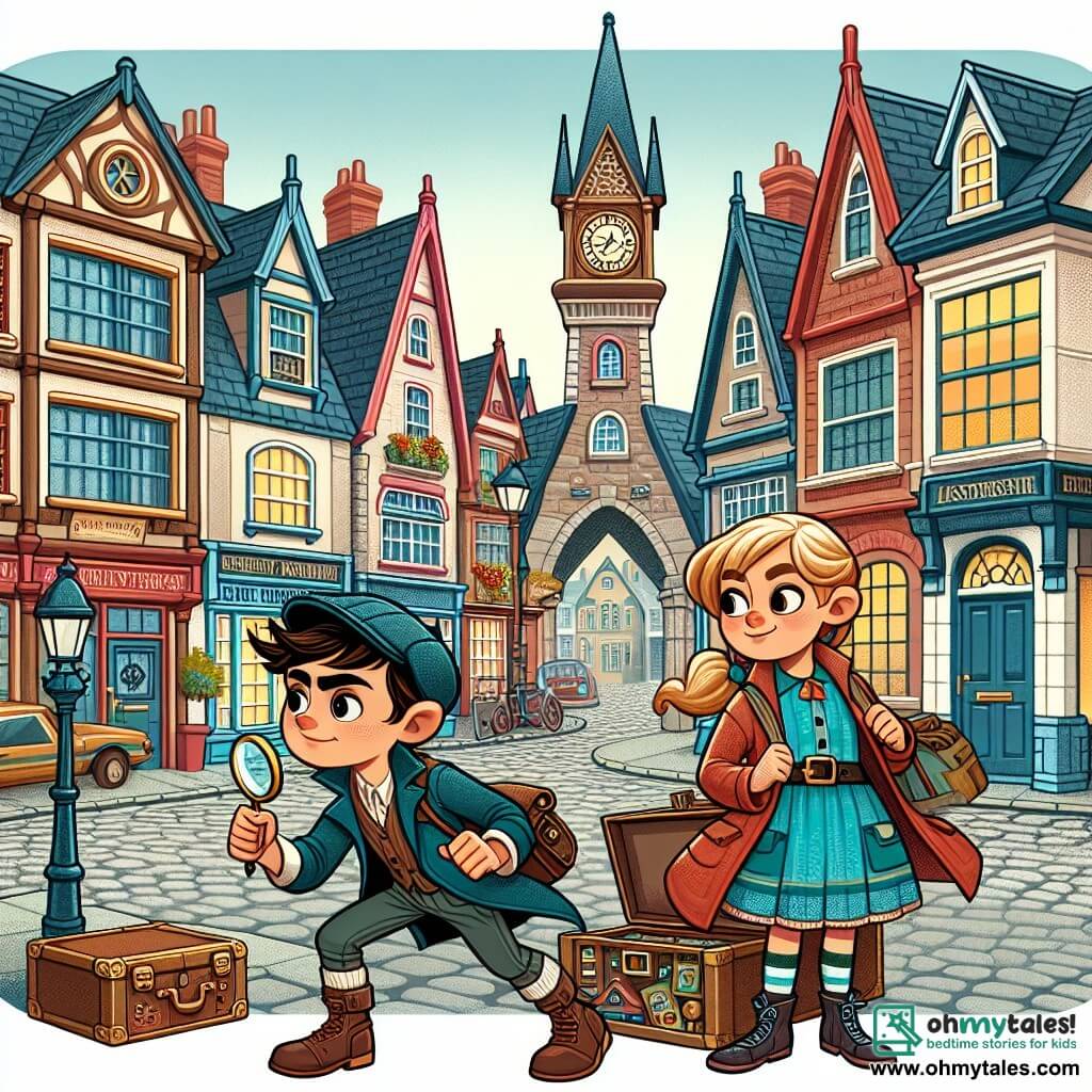Une illustration destinée aux enfants représentant une jeune fille malicieuse et curieuse, accompagnée de son fidèle ami, un garçon courageux, enquêtant sur une mystérieuse disparition dans la charmante ville de Willowbrook, avec ses rues pavées bordées de maisons colorées et sa vieille tour de l'horloge au centre.
