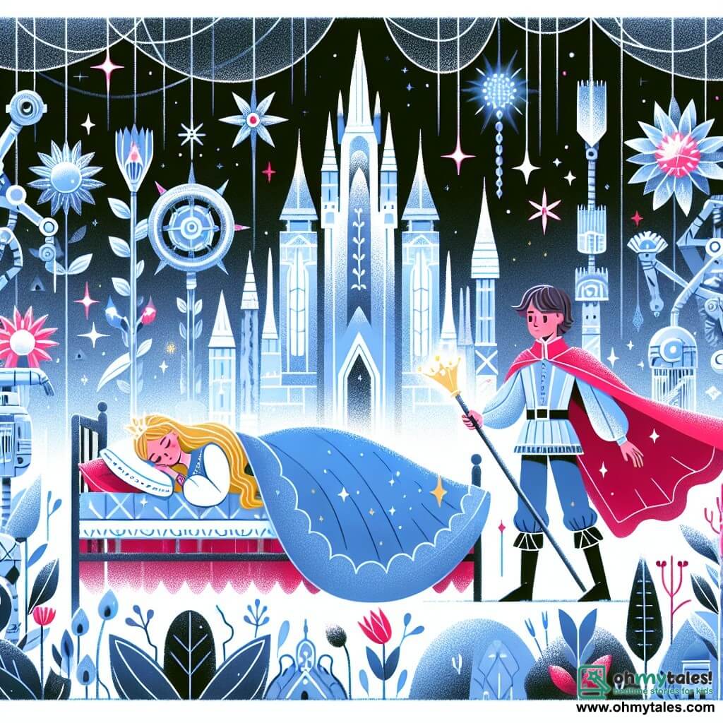 Une illustration destinée aux enfants représentant une princesse endormie depuis longtemps, un prince courageux venu la réveiller, des arbres de métal brillant et des fleurs lumineuses dans un royaume futuriste aux tours de verre et aux machines étonnantes.