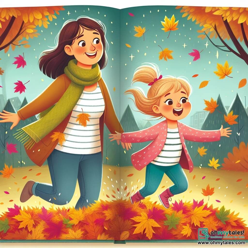 Une illustration destinée aux enfants représentant une fillette joyeuse qui saute dans un grand tas de feuilles colorées, accompagnée de sa mère souriante, dans un parc enchanté aux arbres aux feuilles d'automne chatoyantes.