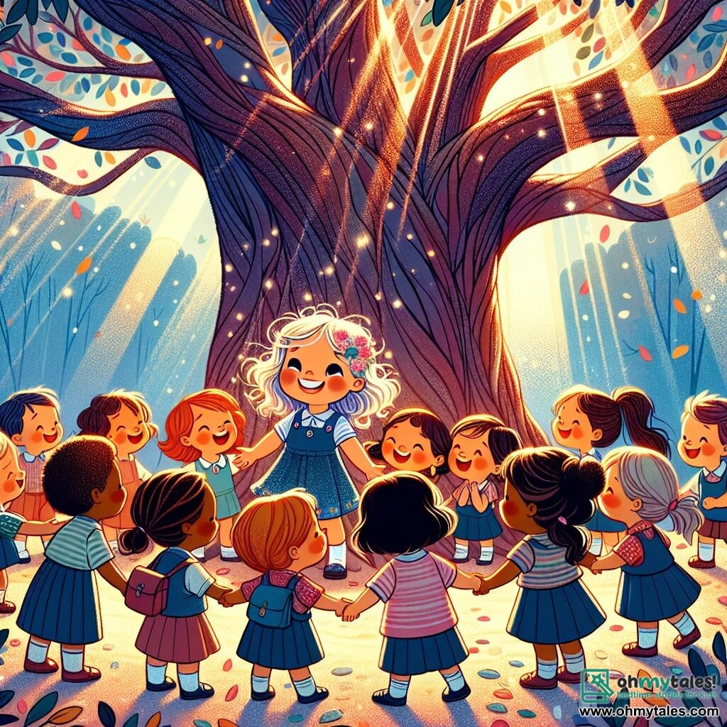 Une illustration destinée aux enfants représentant une fillette dans une cour d'école animée, entourée de ses nouvelles amies, sous un majestueux chêne centenaire aux feuilles chatoyantes, symbolisant l'amitié et la magie des liens qui se tissent entre eux.