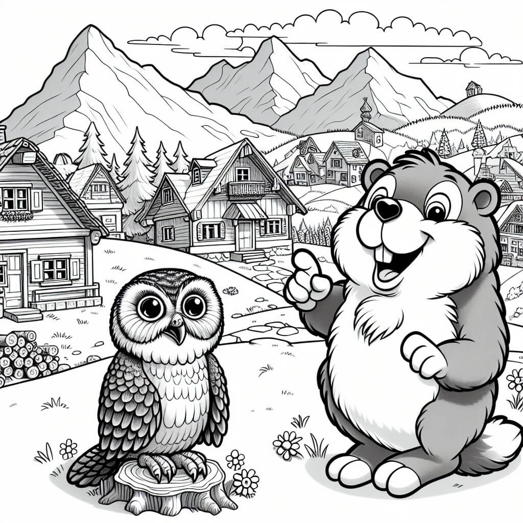 Une illustration destinée aux enfants représentant une marmotte espiègle vivant dans un village pittoresque au pied d'une montagne, où elle joue des tours amusants à ses amis animaux, notamment à un hibou sage nommé Oliver.