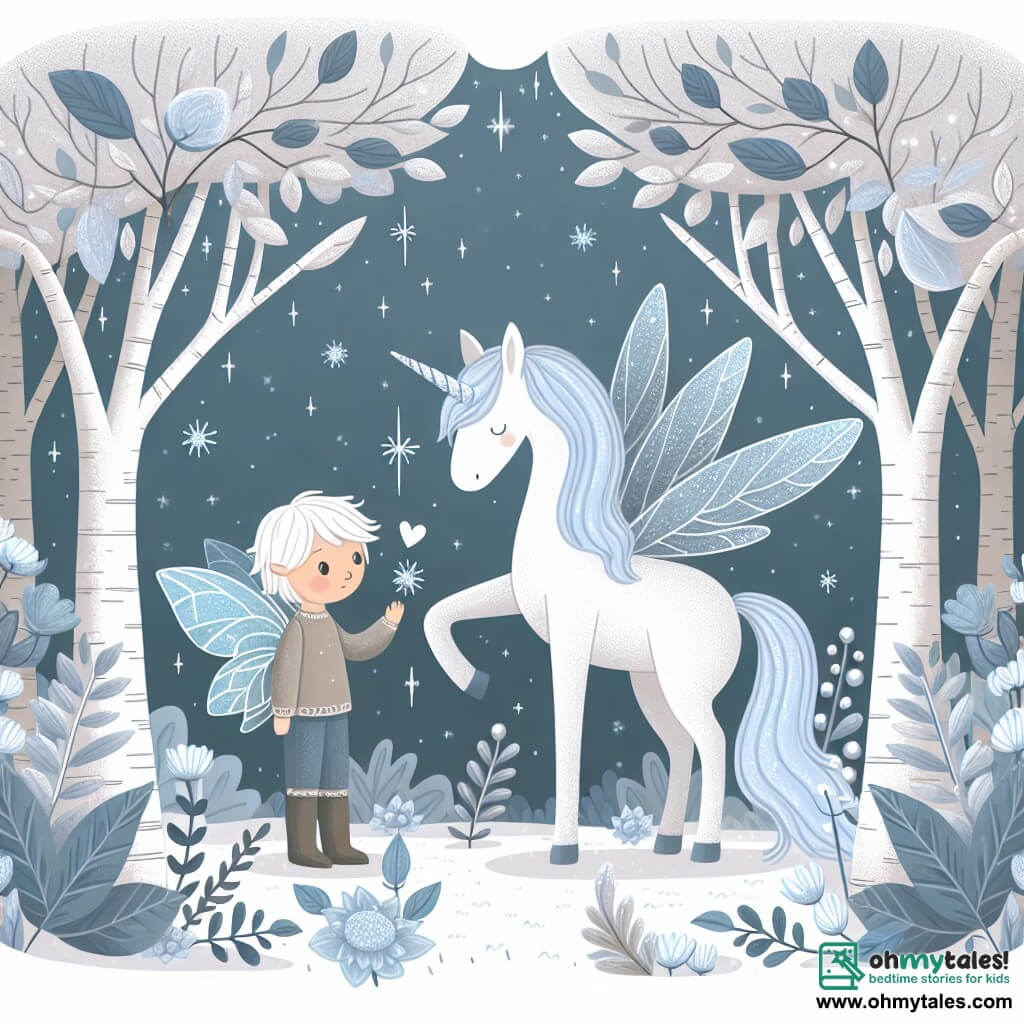 Une illustration destinée aux enfants représentant une licorne étincelante rencontrant une fée piégée dans une forêt enchantée, entourée d'arbres aux feuilles argentées et de fleurs aux pétales lumineux.