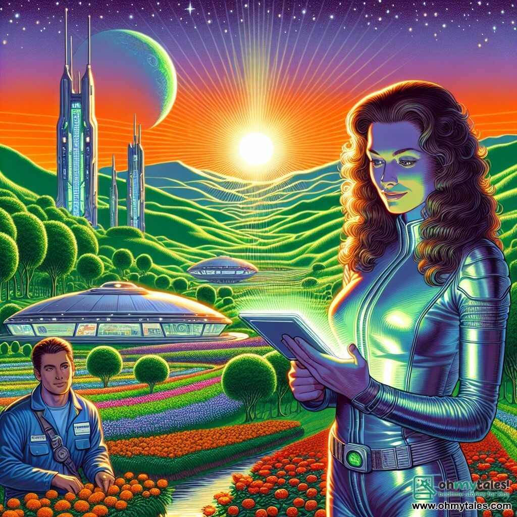 An illustration depicting a vibrant extraterrestrial landscape on the planet Zenthara IV, where green hills rise under a sky of orange and purple hues, illuminated by a setting sun. In the foreground, a woman with long, wavy, deep brown hair wears a shiny silver spacesuit. She stands with her arms crossed, determinedly observing the landscape before her, a proud smile on her face. Next to her, a young man around 20, with short blonde hair, dressed in a blue work suit, consults a glowing tablet displaying data about the colony. His expression is focused and enthusiastic, reflecting his commitment to the mission. In the background, futuristic metal and glass structures rise, surrounded by lush gardens and colorful flowers, symbolizing the beginning of a new colony. Stars begin to twinkle in the sky, heralding the approaching night, while a silver spaceship is visible nearby, ready to explore other worlds. This scene captures the spirit of adventure and hope for a new life on an unknown planet.
