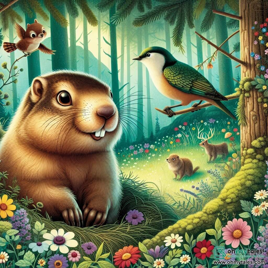 Une illustration destinée aux enfants représentant une marmotte curieuse et espiègle se trouvant dans une forêt enchantée, accompagnée d'un oiseau en détresse, dans une clairière parsemée de fleurs sauvages aux couleurs éclatantes.