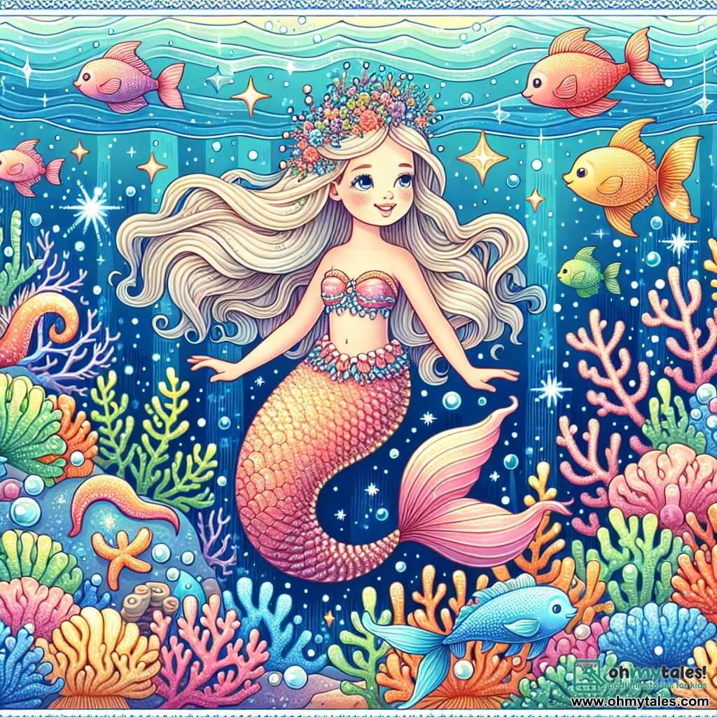 Une illustration destinée aux enfants représentant une magnifique sirène explorant les profondeurs scintillantes de l'océan, accompagnée de ses amis marins, dans un royaume sous-marin éblouissant où les coraux colorés dansent au rythme des vagues.