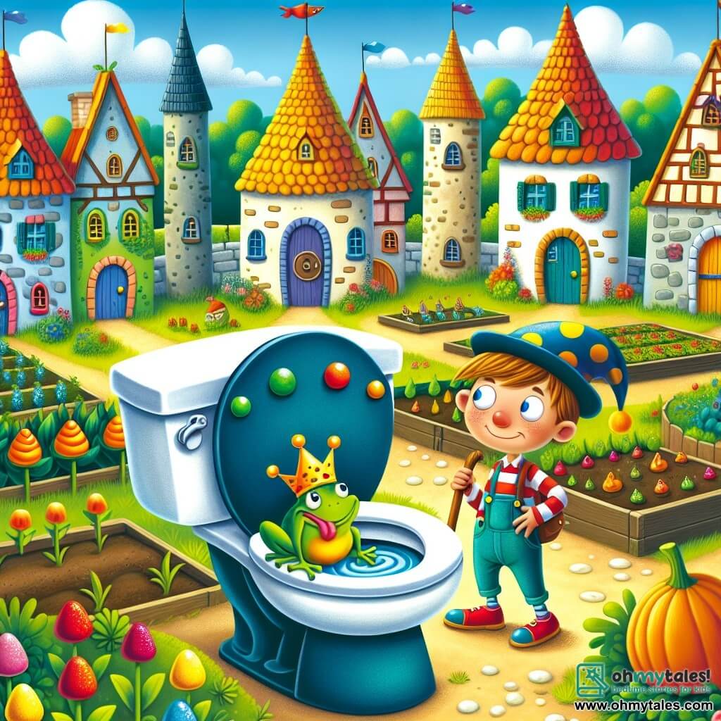 Une illustration destinée aux enfants représentant un jeune garçon malicieux se retrouvant face à une mystérieuse toilette colorée au milieu d'un potager, où il découvre un roi grenouille portant une couronne et sollicitant son aide pour sauver le Royaume des Toilettes envahi par une armée de chaussettes sales, le tout se déroulant dans une petite ville appelée Sillyville, avec ses maisons aux toits en forme de chapeaux pointus et ses rues pavées de bonbons multicolores.