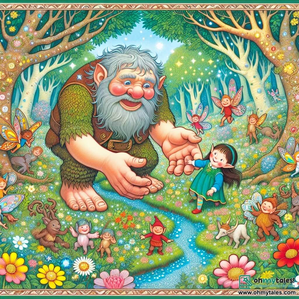 Une illustration destinée aux enfants représentant un géant jovial qui se lie d'amitié avec une petite fille, alors qu'ils explorent ensemble une forêt enchantée remplie de créatures rigolotes, comme des elfes espiègles et des fées étincelantes, au milieu de clairières remplies de fleurs colorées et de ruisseaux scintillants.