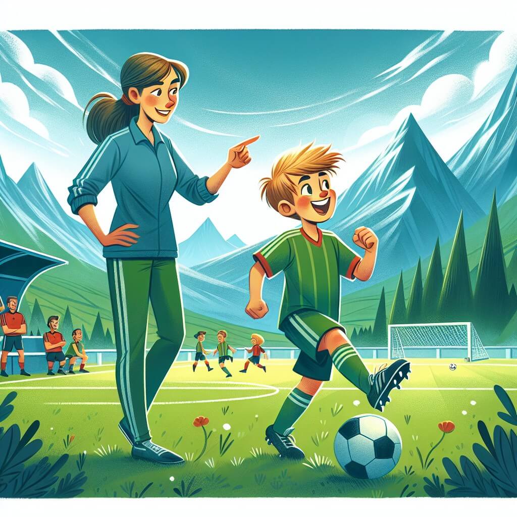 Une illustration destinée aux enfants représentant un jeune homme passionné de football, avec un ballon à ses pieds, accompagné d'un entraîneur bienveillant, dans un stade verdoyant entouré de montagnes majestueuses.