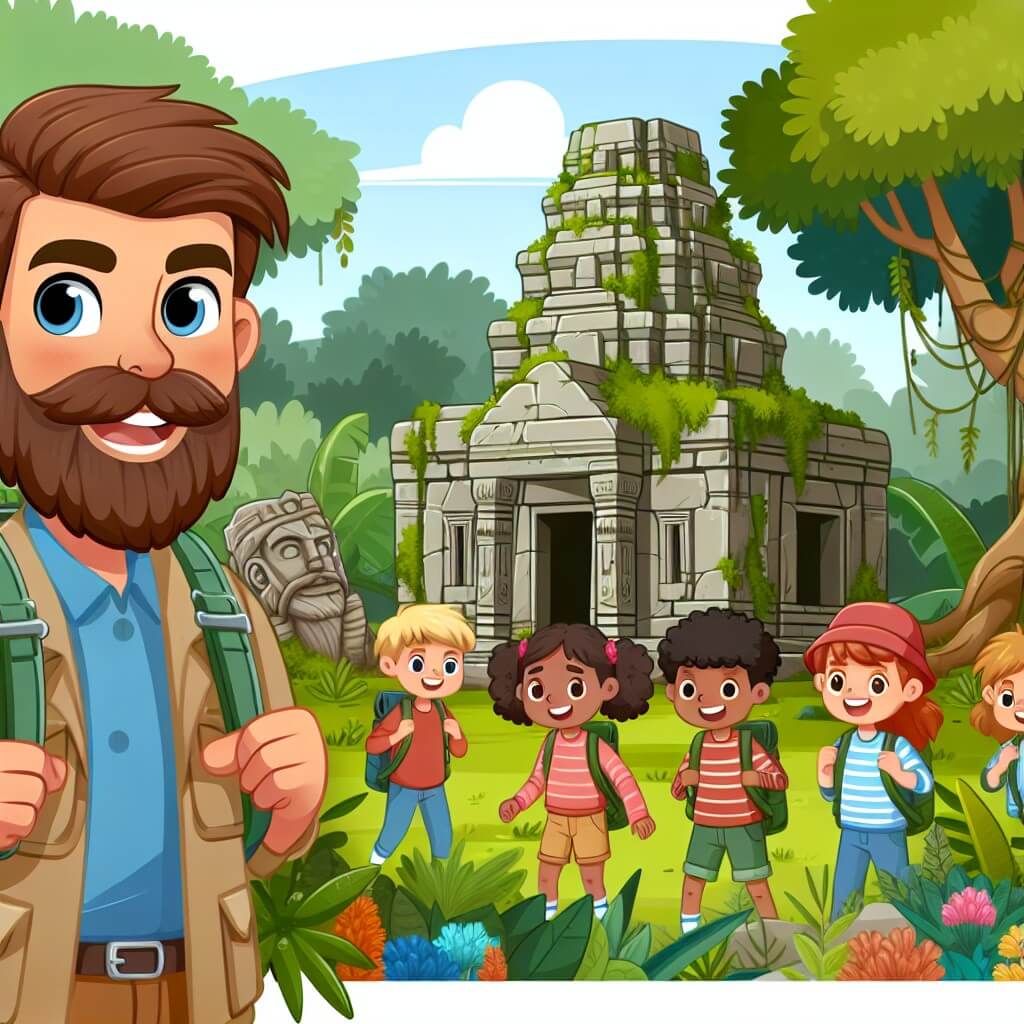 Une illustration destinée aux enfants représentant un homme barbu et aventurier, accompagné d'un groupe d'enfants, explorant une ancienne forêt luxuriante où se dresse un mystérieux temple en ruines, à la recherche d'un trésor caché.