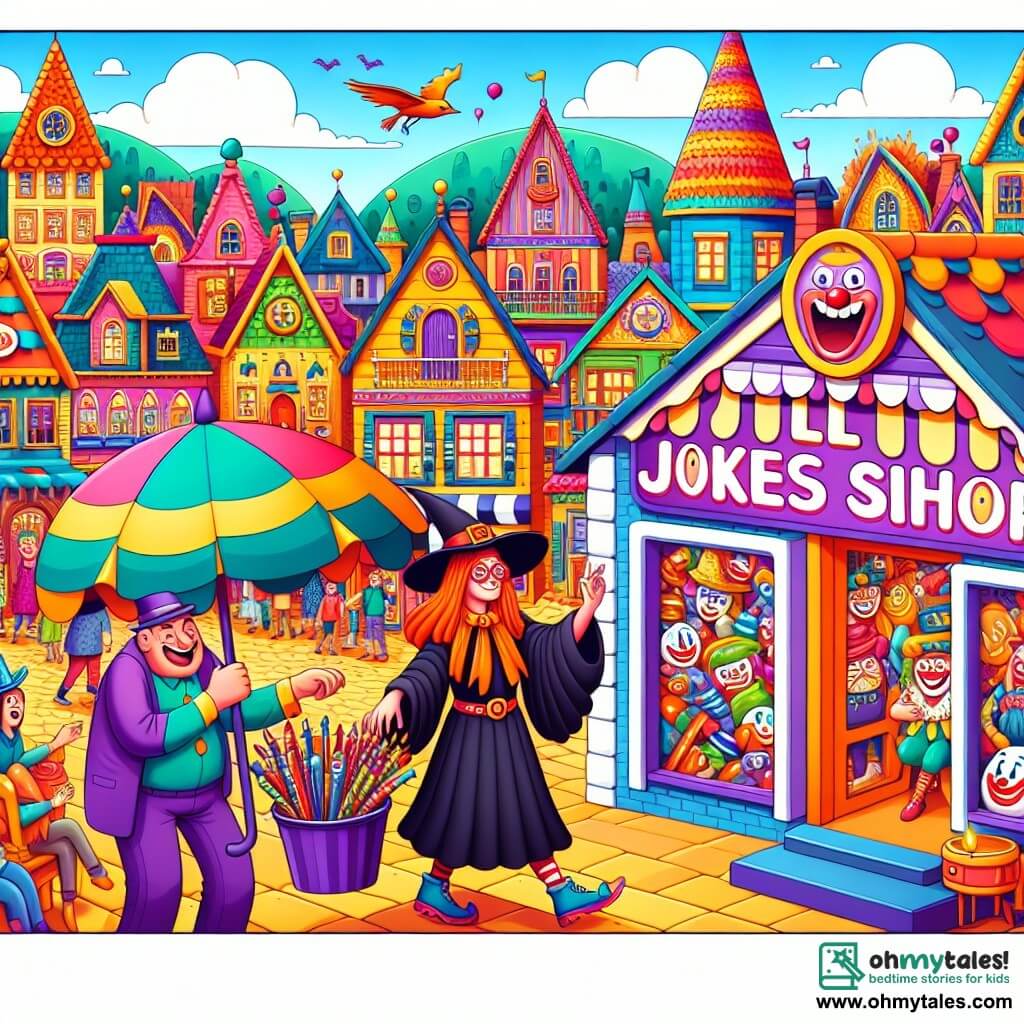Une illustration destinée aux enfants représentant une sorcière excentrique qui visite un village rempli de maisons colorées, où les habitants portent des chapeaux démesurés et des chaussures brillantes, et qui se retrouve à aider un propriétaire de magasin de blagues à réparer une situation hilarante après que toutes les plaisanteries se soient échappées dans le village.