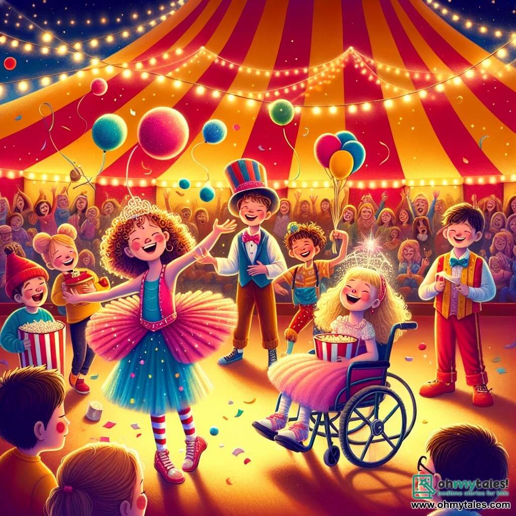 Illustration destinée aux enfants représentant un cirque coloré sous un grand chapiteau rayé de rouge et de jaune, illuminé par des guirlandes de lumières scintillantes. Au centre de la scène, un groupe de quatre enfants de 9 ans, deux filles et deux garçons, s'apprêtent à performer : une fille aux cheveux bouclés et un sourire éclatant, vêtue d'un tutu rose, jongle avec des balles multicolores, tandis qu'une autre fille en fauteuil roulant, avec des lunettes et une casquette à paillettes, exécute des mouvements gracieux. À leurs côtés, un garçon aux cheveux ébouriffés, portant un costume de clown, lance des confettis dans les airs, tandis qu'un autre garçon, avec un chapeau de magicien, rit en tenant une grande boîte de pop-corn. L'atmosphère est remplie de rires et de joie, avec des spectateurs émerveillés applaudissant et des ballons flottant dans le ciel.